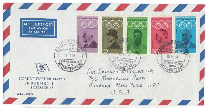 GERMANY 1968 OLYMPIC Set on N. GERMAN LLOYD MS EUROPA West Indies Cover