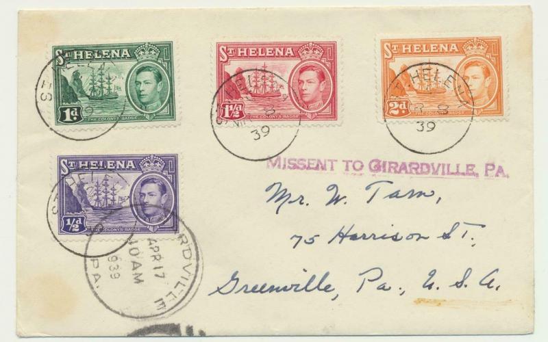 ST HELENA 1939, GV1 VALUES TO 2d ON MISSENT COVER TO USA (SEE BELOW)