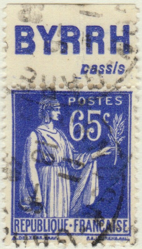 FRANCE - 1937 Pub BYRRH (cassis) supérieure sur Yv.365b 65c Paix Obl. TB