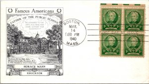 1940 FDC - Horace Mann, Educator - Boston, Mass - F33593