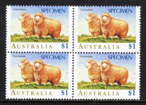 AUSTRALIA — SCOTT 1139v — 1989 $1 CORRIEDALE SHEEP SPECIMEN BLOCK/4 — MNH