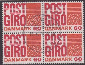 Denmark # 465, Post Office Bank 50th Anniversary, Used Block of Four 1/2 Cat.