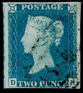 GB QV SG6, SCARCE 2d pale blue PLATE 1, FINE USED. Cat £2000. 1844 POSTMARK . DK