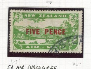 NEW ZEALAND; 1930s early Airmail issue SURCHARGED FIVE PENCE used