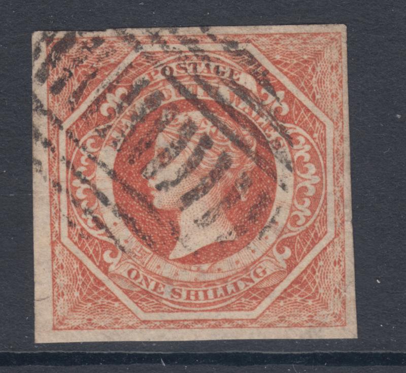 New South Wales Sc 31b, SG 99, used. 1854 1s rosy vermilion QV, wmkd 12, VF.