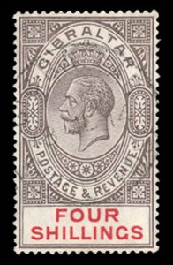 Gibraltar #73 Cat$65, 1912 4sh black and scarlet, lightly cancelled