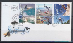 ISRAEL 2009  EXTREME SPORT SKYDIVING SURF BICYCLE 3 STAMPS ON FDC