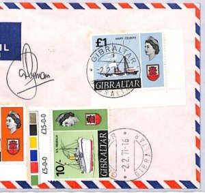 GIBRALTAR QEII Air Mail SHIPS *HIGH VALUES* 5s 10s £1 SIGNED Cover 1971 YW55