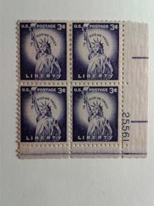 SCOTT # 1035 LIBERTY 3 CENT PLATE BLOCK AND SINGLE COMBO MINT NEVER HINGED