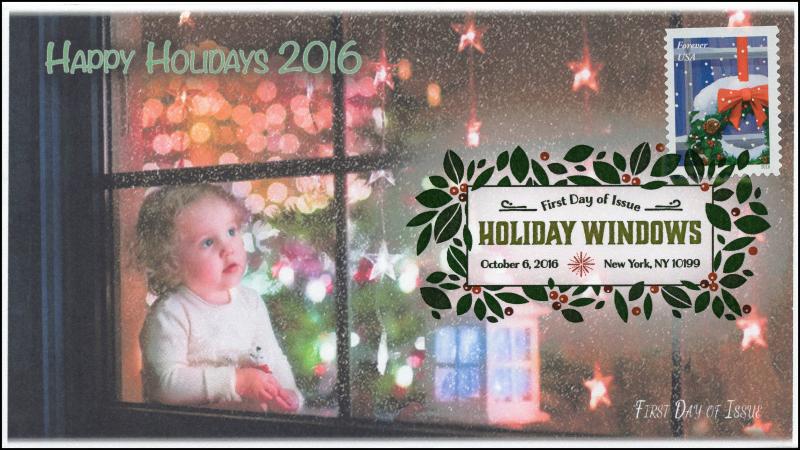2016, Holiday Windows, Wreath, Digital Color Postmark, FDC, Christmas, 16-321
