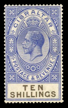 Gibraltar #91 Cat$37.50, 1921 10sh ultramarine and black, hinged