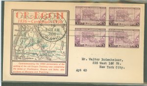 US 783 1936 3c Oregon Territory Centennial bl of 4 on an addressed (typed) FDC with a Walla Walla, WA cancel and an unknown cach