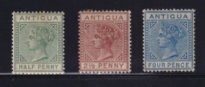 Antigua Sc #12, 13, 15 (1882) - 1/2d to 4d Queen Victoria 1882 Printings Mint H