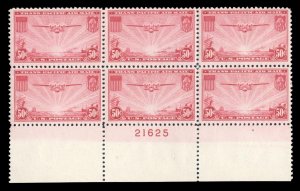 United States, Air Post #C22 Cat$85, 1937 50c carmine, plate block of six, ne...