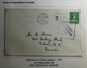 1941 Melbourne Australia Not Opened By Censor Cover To Victoria Canada