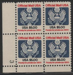 O133 $5.00 Official Mail Plate 3 LL Plate Block