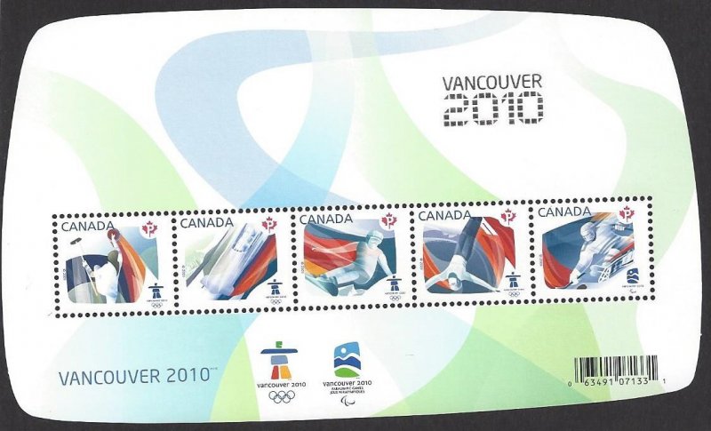 Canada #2299f MNH ss, 2010 Vancouver winter Olympics; overprinted Vancouver 2010