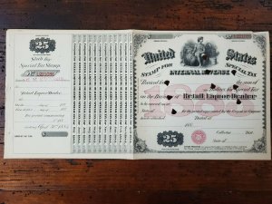 US 1883 $25 Internal Revenue Special Tax Retail Liquor Dealer Stamp Sheet