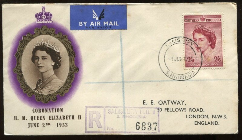 Southern Rhodesia QEIi 1953 Coronation cacheted cover to London England