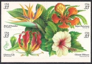 SCOTT  3310-13  TROPICAL FLOWERS  33¢  BLOCK OF 4  MNH  SHERWOOD STAMP