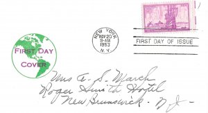 1953 FDC, #1027, 3c New York City 300th, Van Dahl