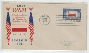 1943 WW2 Patriotic FDC OVERRUN COUNTRIES 909-10 POLAND SANDERS LIGHT RED CHICAGO