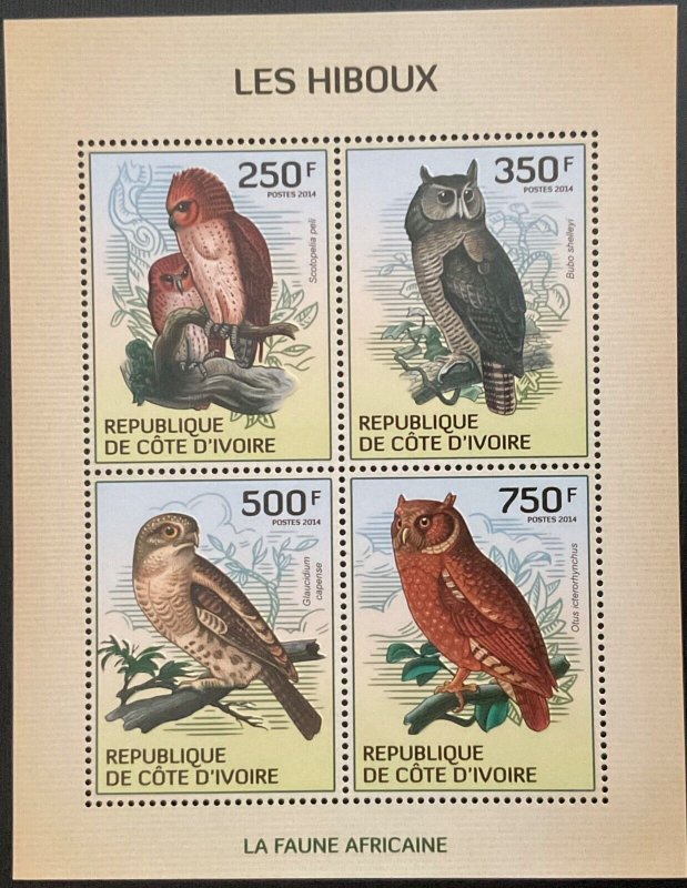 2014 IVORY COAST. Owls. (African Fauna). 2 HB (1x4v + 1x1v). NHM-