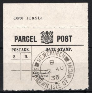 GB IOW Imprint Marginal PARCEL POST LABEL *NEWCHURCH* 1935 Isle of Wight SS328