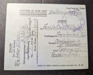 1946 England Prisoner of War POW Postcard Cover Camp Peterborough to Germany