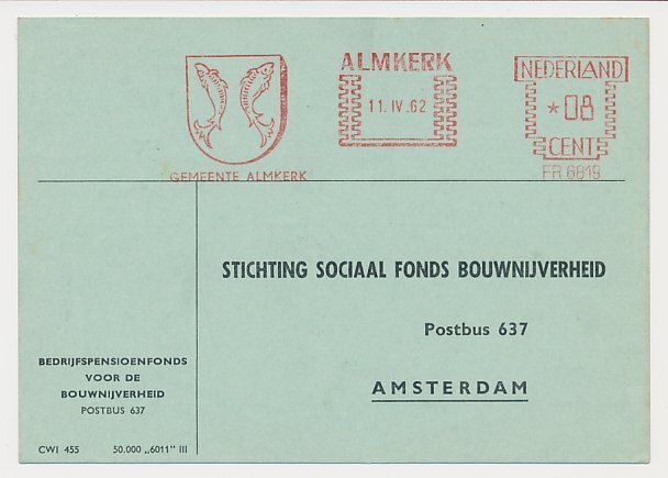 Meter card Netherlands 1962 Fish - Municipal coat of arms Almkerk