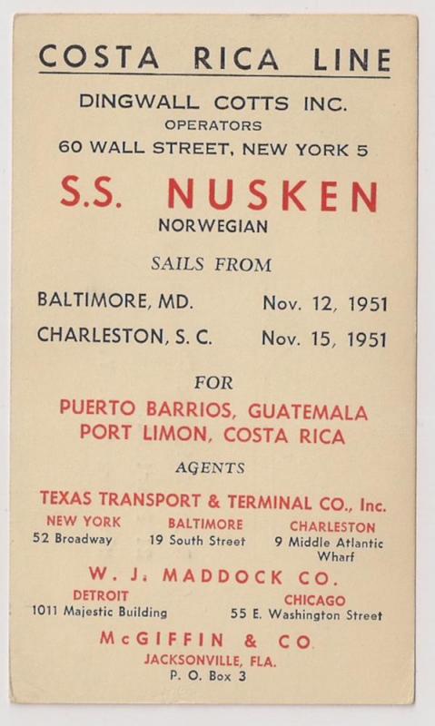 Shipping Notice Costa Rica Line UX27 Oct 25 1951 SS Nusken