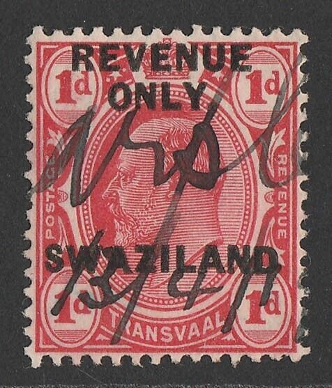 SWAZILAND 1914 'REVENUE ONLY SWAZILAND' on KEVII Transvaal 1d red.