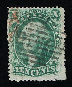 GENUINE SCOTT #33 USED 1857 GREEN TYPE-III PERF-15½ GRID & RED CARRIER CANCELS