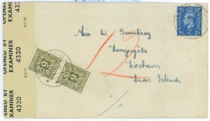 BK1815 - GB - Postal History - COVER to the FAROE ISLANDS, Taxed on arrival 1944 