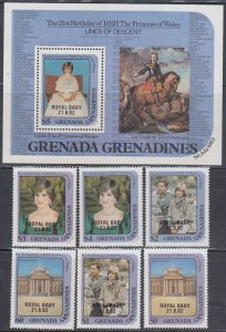 GRENADA GRENADINES Sc #492-8 CPL MNH SET of 6 + S/S - BIRTH of PRINCE WILLIAM