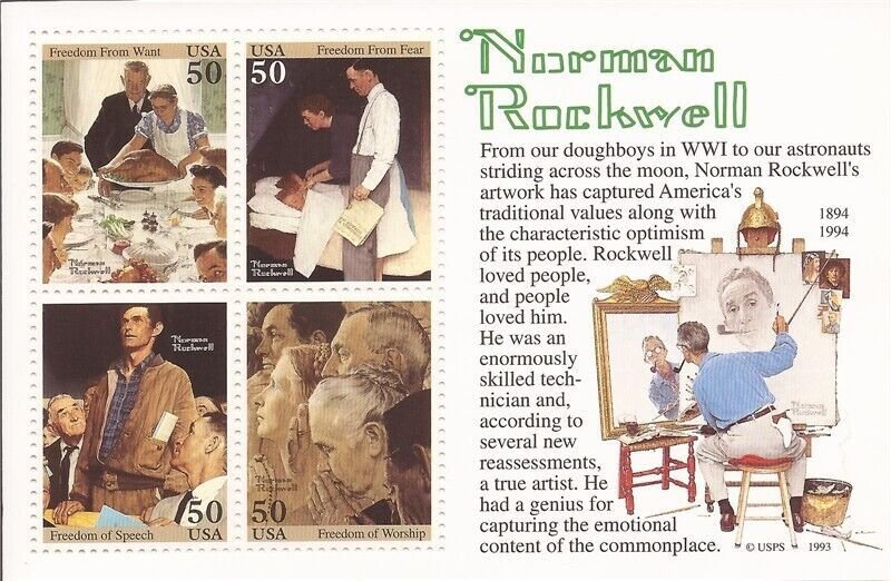 US Stamp - 1994 Norman Rockwell - 4 Stamp Souvenir Sheet - Scott #2840