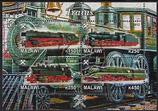 Malawi 2012 used Sheet of 4 Red Trains Cinderella