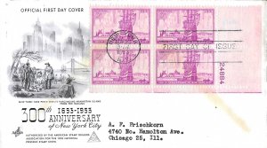 1953 FDC, #1027, 3c New York City 300th, Art Craft, plate block of 4