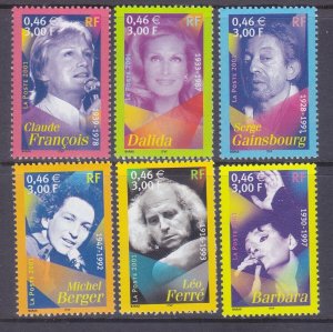 France 2819-24 MNH 2001 Various French Singers Complete Set of 6 Very Fine