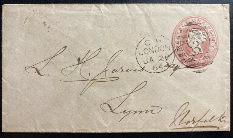 1864 London England Postal Stationery Cover To Lynn 