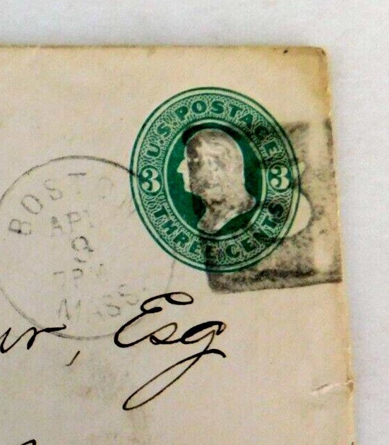 US #U164 Cover Boston MA, R.R. Negative 5 Fancy Cancel, New Brunswick Aux, 1874