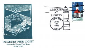 SPECIAL PICTORIAL POSTMARK DUXBURY PIER LIGHTHOUSE RESCUES BY KEEPER FRED BOHM