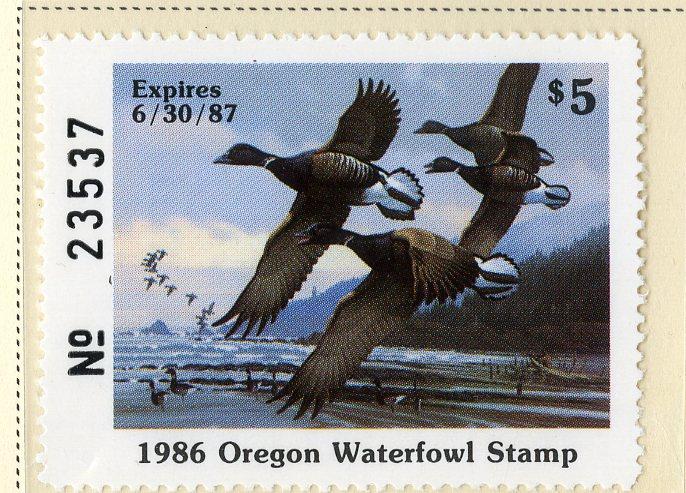 US OR3 OREGON STATE DUCK STAMP 1986 MNH SCV $15.00 BIN $7.50