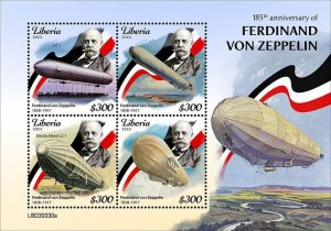 LIBERIA- 2023 - Ferdinand von Zeppelin - Perf 4v Sheet - Mint Never Hinged