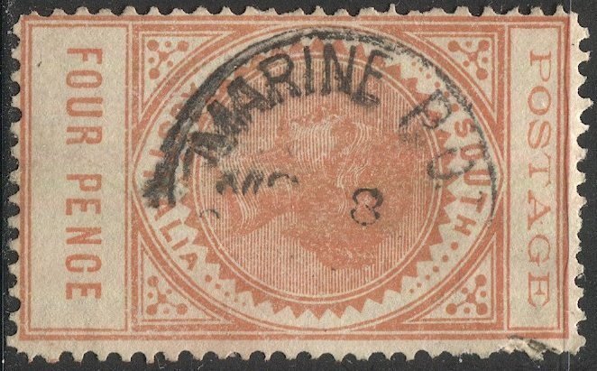 SOUTH AUSTRALIA 1902 Sc 122a 4d red orange F Used, Perf 12, MARINE P.O. cancel