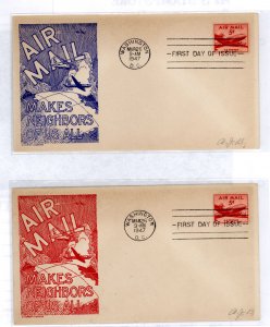US C33 1947 5c Skymaster DC-4 (small plane issue) on two unaddressed (pencil initials) FDCs with two different Anderson color ca