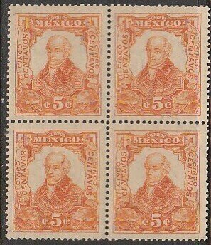 MEXICO 314(4), 5¢ INDEPENDENCE CENTENNIAL 1910 COMM BLK OF 4 MINT, NH. VF. (6)