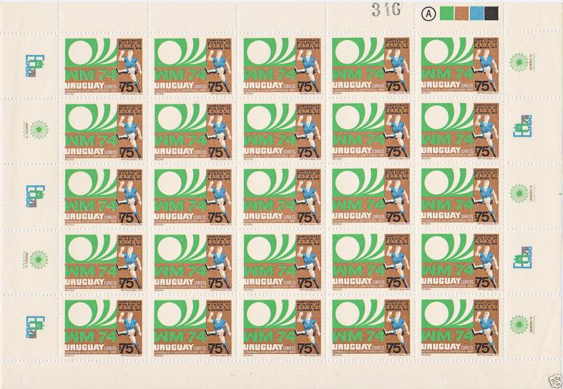 URUGUAY Sc#880 Full sheet 25 mnh stamps - Germany 1974 Football soccer world cup