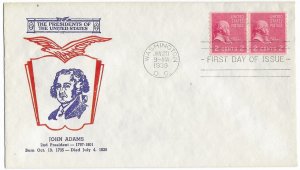 1939 Prexie Coil FDC, #841, 2c John Adams, Fidelity P-20, pair