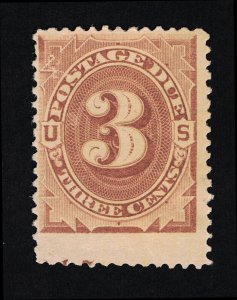 EXCELLENT GENUINE SCOTT #J3 F-VF MINT NG 1879 BROWN POSTAGE DUE PARTIAL PNS #17